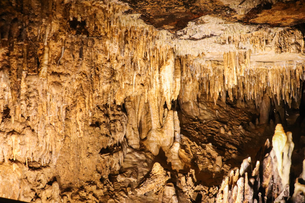 Stalacites hang from the ceiling of a cave